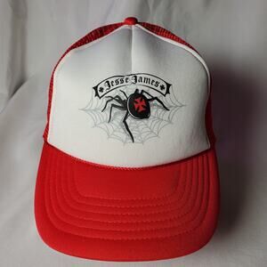 Vintage Jesse James Spider Black Widow Mesh Trucker Hat Red White Snap Back